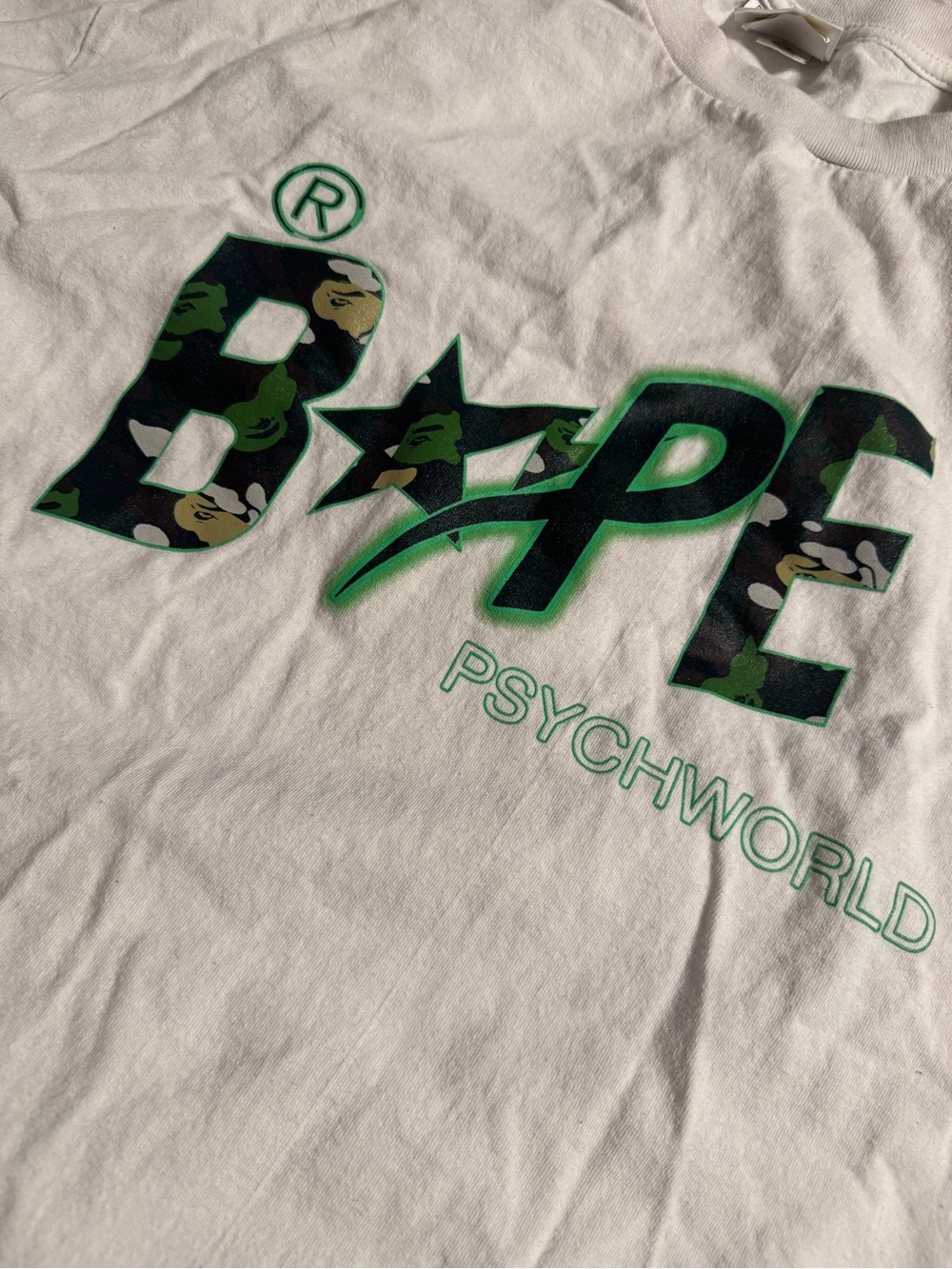 Bape White Tee with Green Camo Logo - Psychworld Print